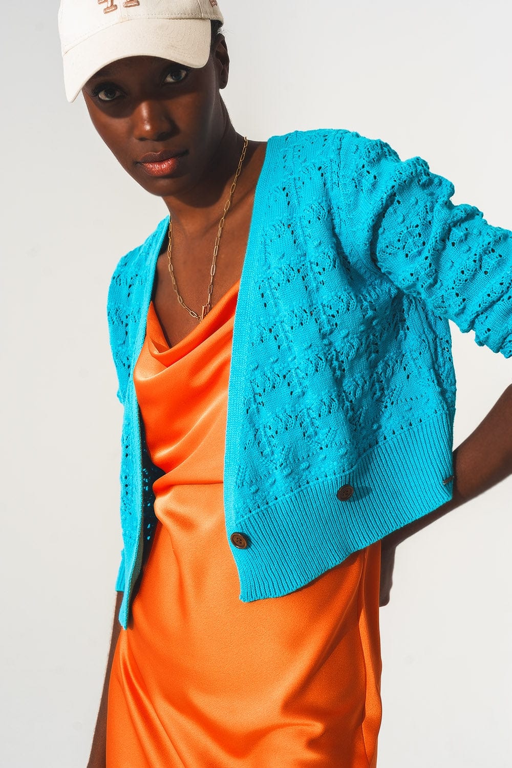 Q2 Sweaters Pointelle knitted cardi in blue