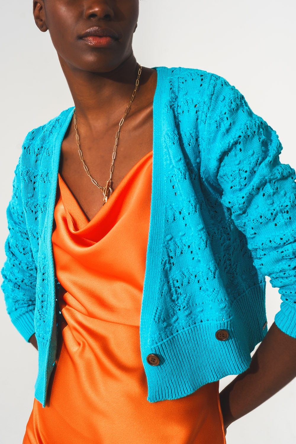 Q2 Sweaters Pointelle knitted cardi in blue
