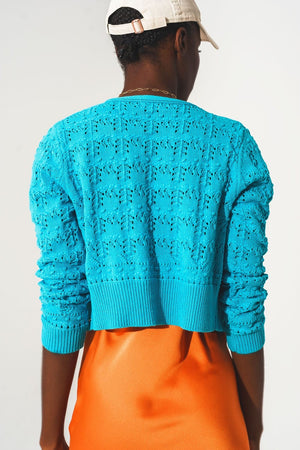 Q2 Sweaters Pointelle knitted cardi in blue