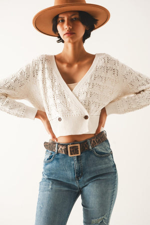 Q2 Sweaters Pointelle knitted cardi in cream