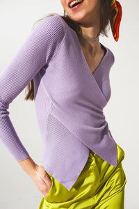 Q2 Sweaters Purple ribbed v neck sweater