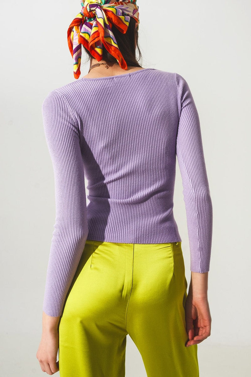 Q2 Sweaters Purple ribbed v neck sweater