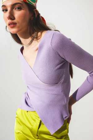 Q2 Sweaters Purple ribbed v neck sweater