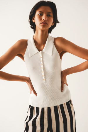 Q2 Sweaters Ribbed knitted top with polo neck in cream