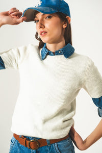 Q2 Sweaters Ribbed short sleeve crop knitted top in cream