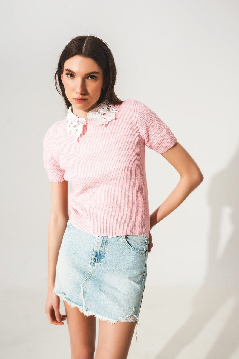 Q2 Sweaters Ribbed short sleeve crop knitted top in pink