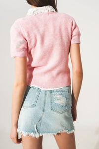 Q2 Sweaters Ribbed short sleeve crop knitted top in pink
