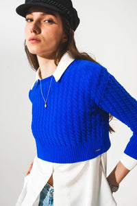 Q2 Sweaters Round neck cable knit crop jumper in blue