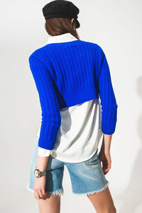 Q2 Sweaters Round neck cable knit crop jumper in blue