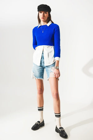 Q2 Sweaters Round neck cable knit crop jumper in blue