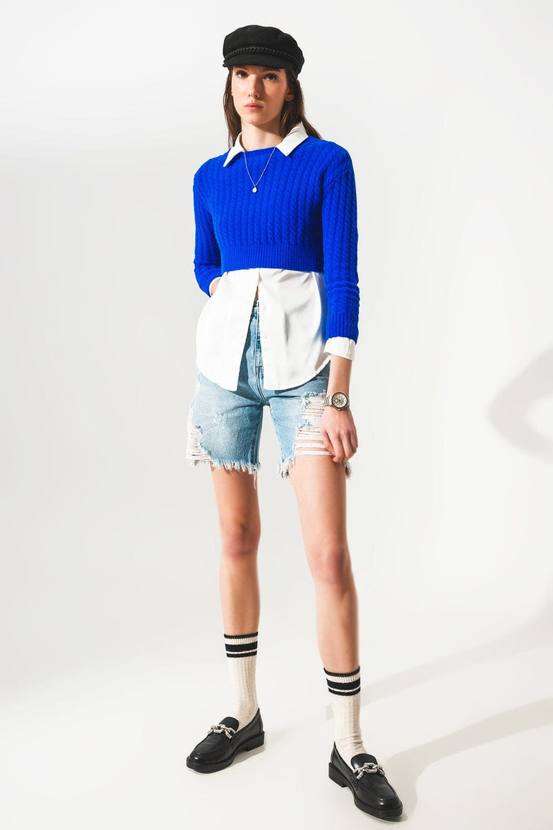 Q2 Sweaters Round neck cable knit crop jumper in blue