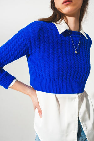 Q2 Sweaters Round neck cable knit crop jumper in blue