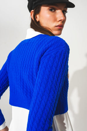 Q2 Sweaters Round neck cable knit crop jumper in blue