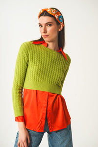 Q2 Sweaters Round neck cable knit crop jumper in lime green