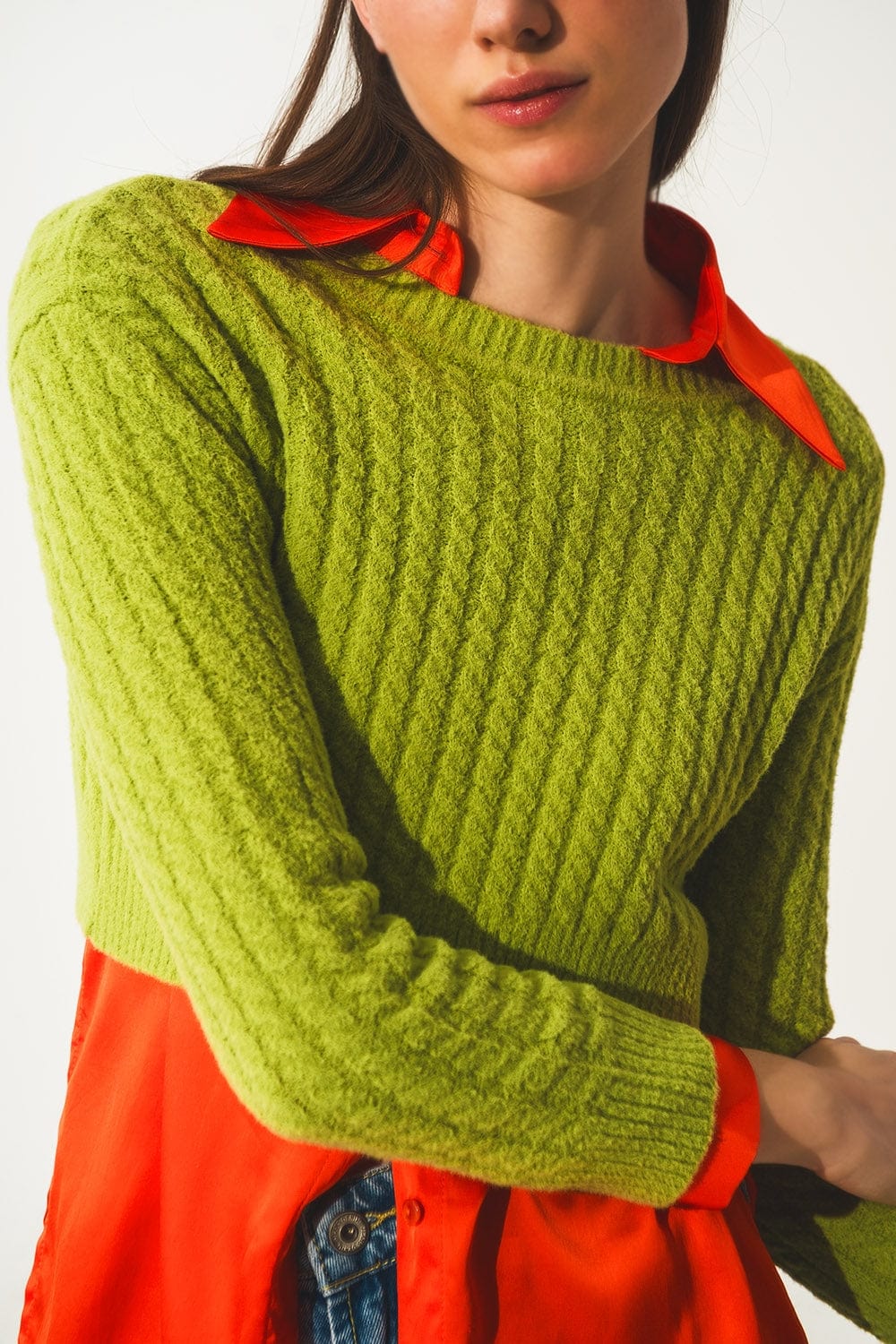 Q2 Sweaters Round neck cable knit crop jumper in lime green