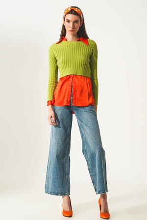 Q2 Sweaters Round neck cable knit crop jumper in lime green