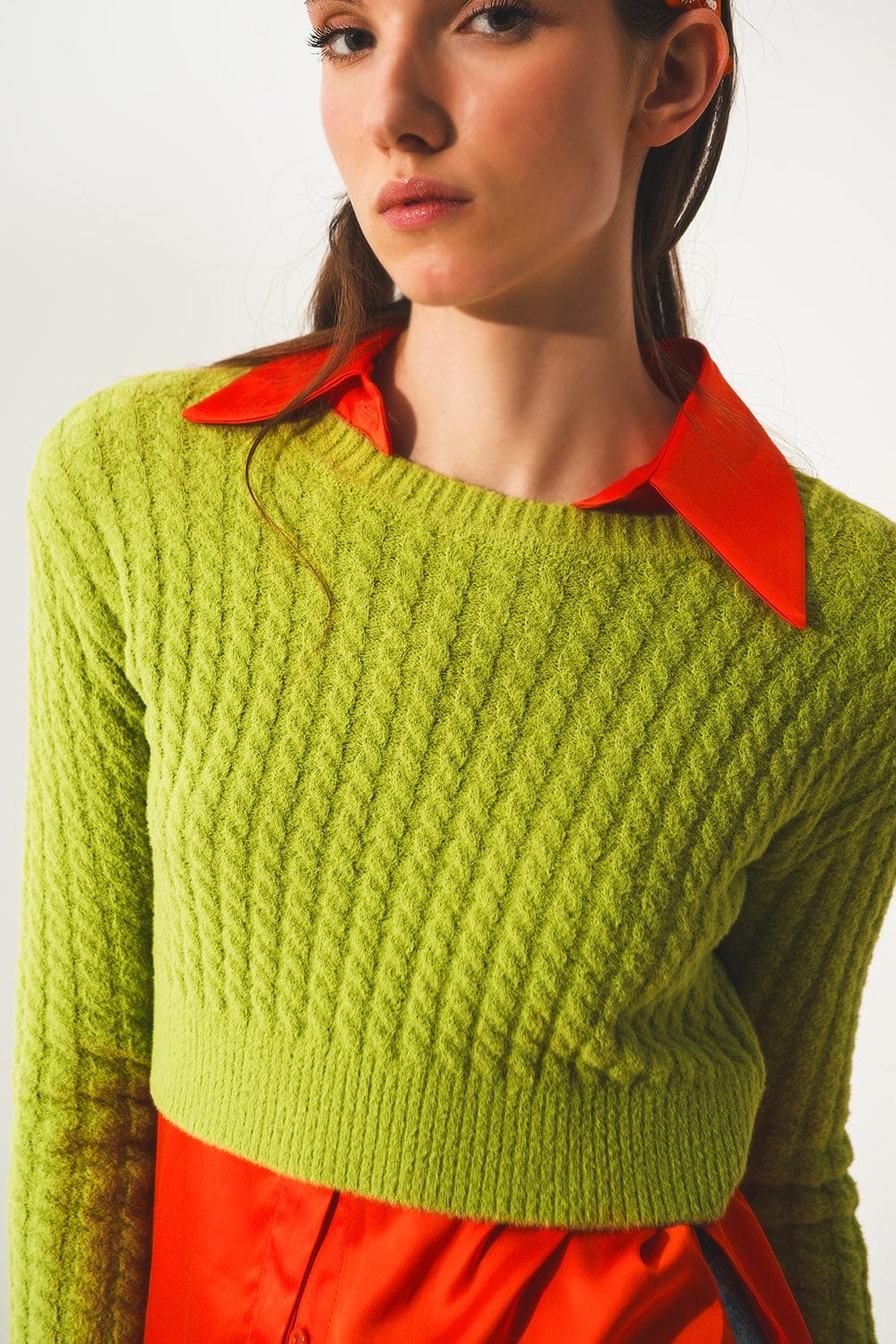 Q2 Sweaters Round neck cable knit crop jumper in lime green