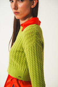 Q2 Sweaters Round neck cable knit crop jumper in lime green