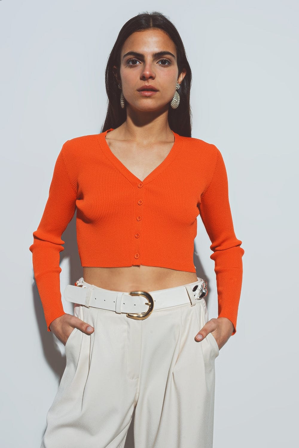 Q2 Sweaters short ribbed cardigan in orange