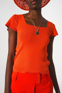 Q2 Sweaters square neck puff sleeve sweater in orange