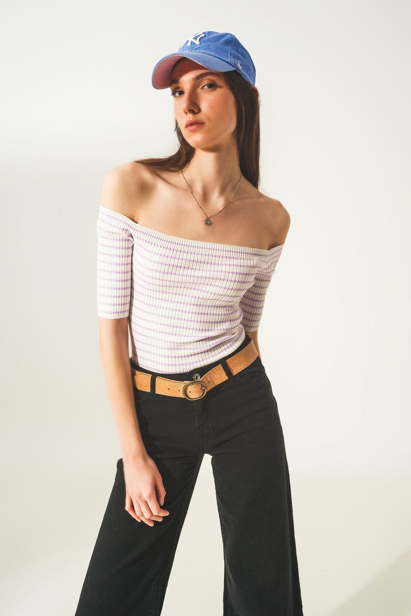 Q2 Sweaters Stripe bardot top in lilac