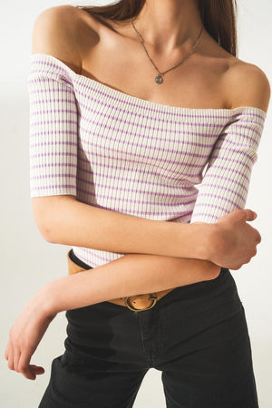 Q2 Sweaters Stripe bardot top in lilac