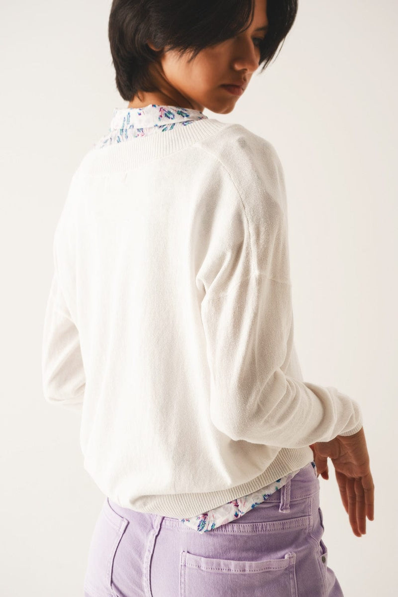 Q2 Sweaters v neck fine knit sweater in cream