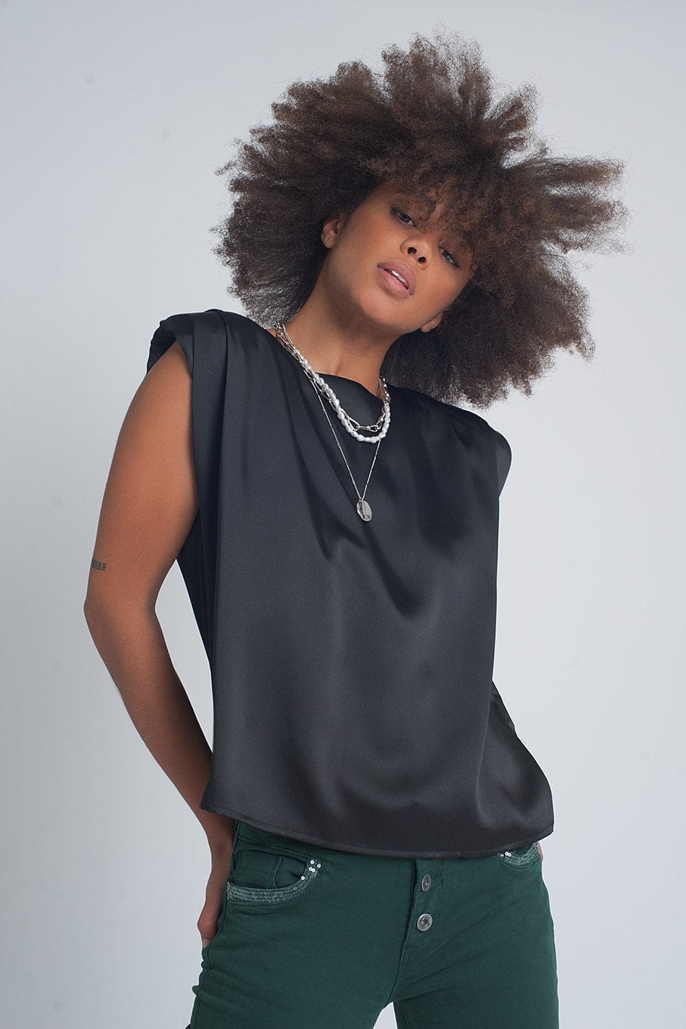 Q2 Tops Gathered satin shoulder pad sleeveless top in black