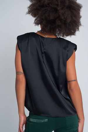Q2 Tops Gathered satin shoulder pad sleeveless top in black