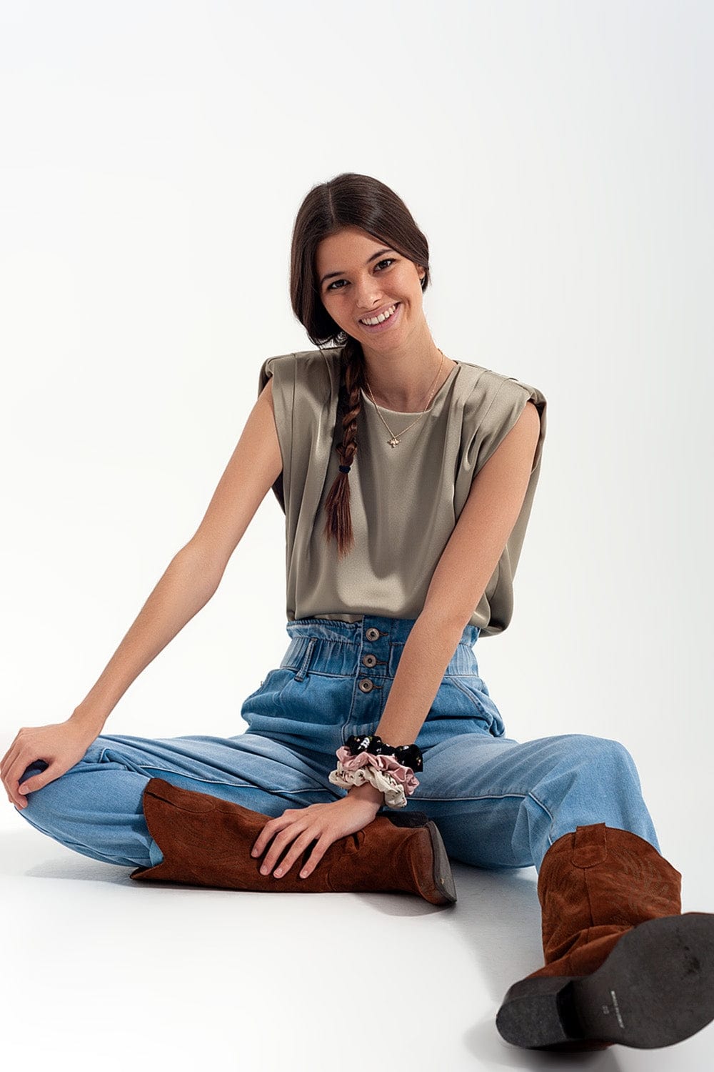 Q2 Tops Gathered satin shoulder pad sleeveless top in green