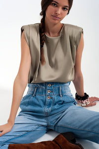 Q2 Tops Gathered satin shoulder pad sleeveless top in green