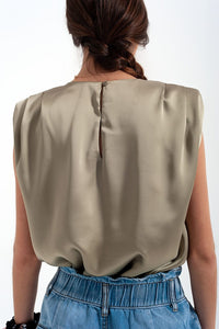 Q2 Tops Gathered satin shoulder pad sleeveless top in green