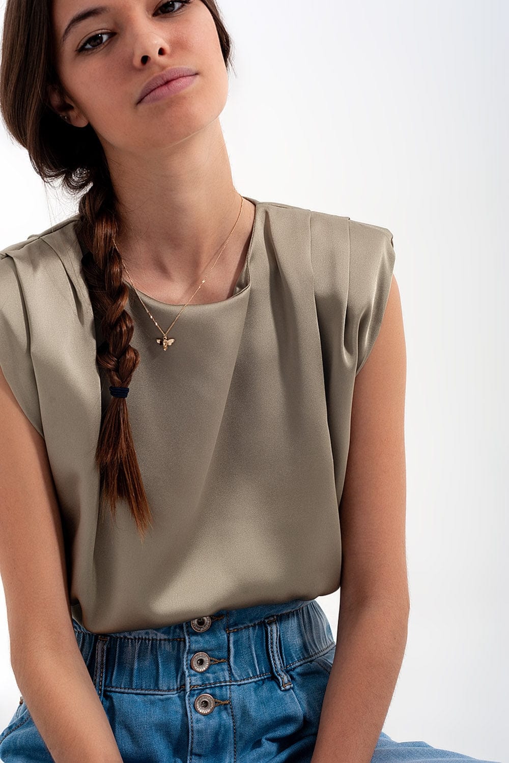 Q2 Tops Gathered satin shoulder pad sleeveless top in green