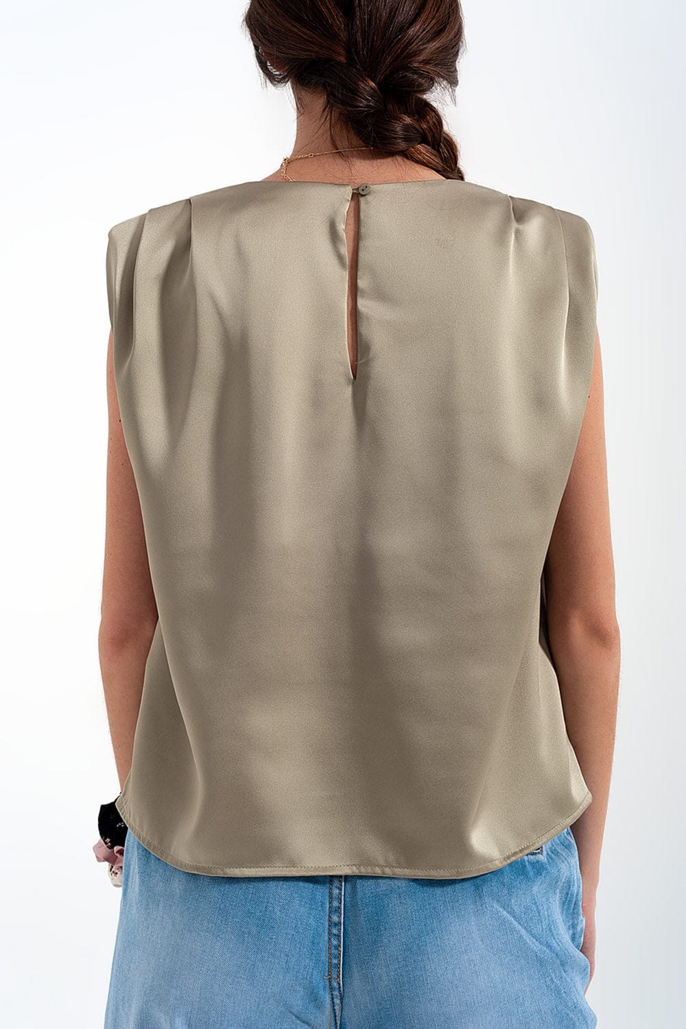 Q2 Tops Gathered satin shoulder pad sleeveless top in green