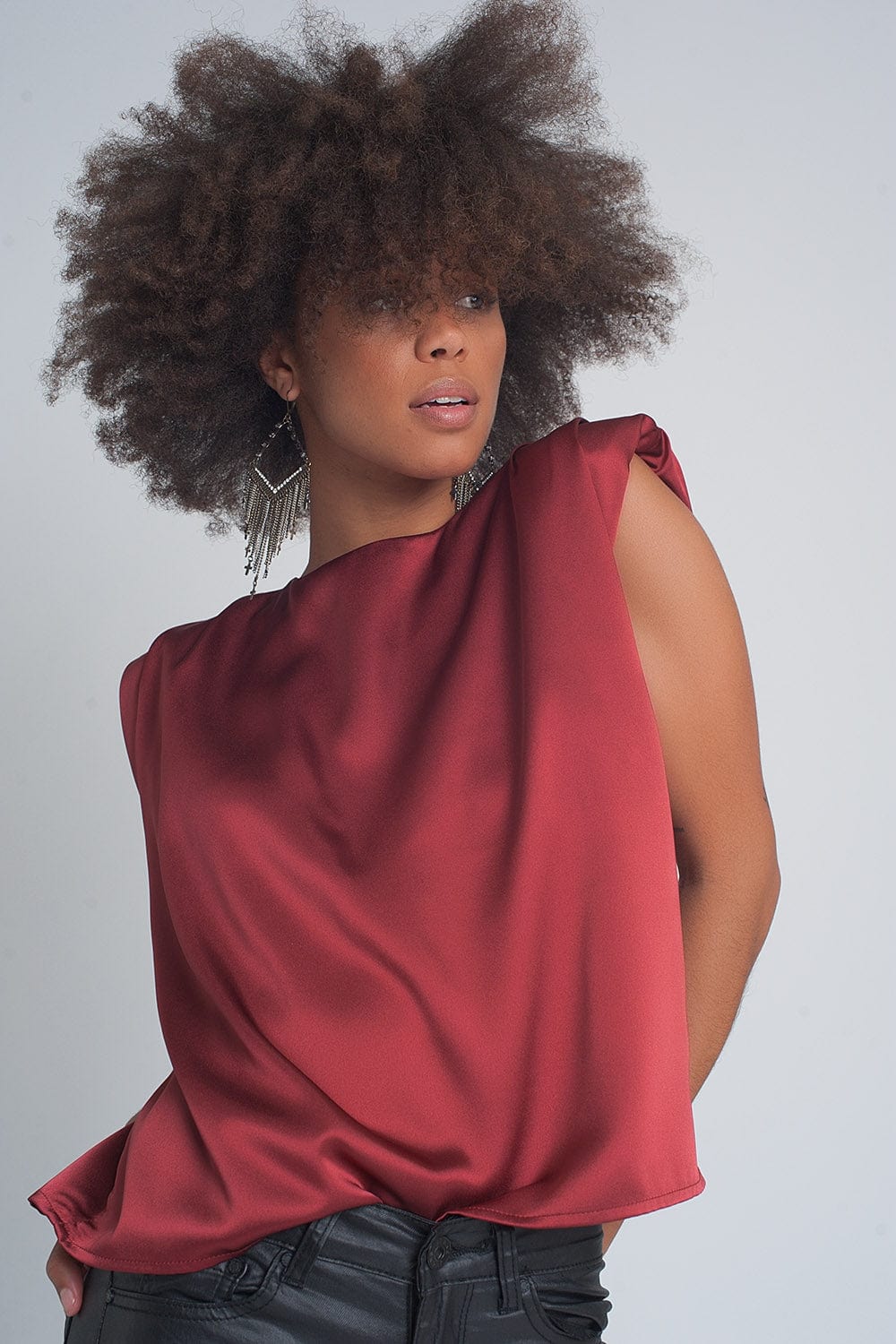 Q2 Tops Gathered satin shoulder pad sleeveless top in red