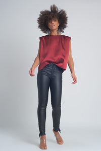 Q2 Tops Gathered satin shoulder pad sleeveless top in red