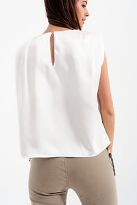 Q2 Tops Gathered satin shoulder pad sleeveless top in white