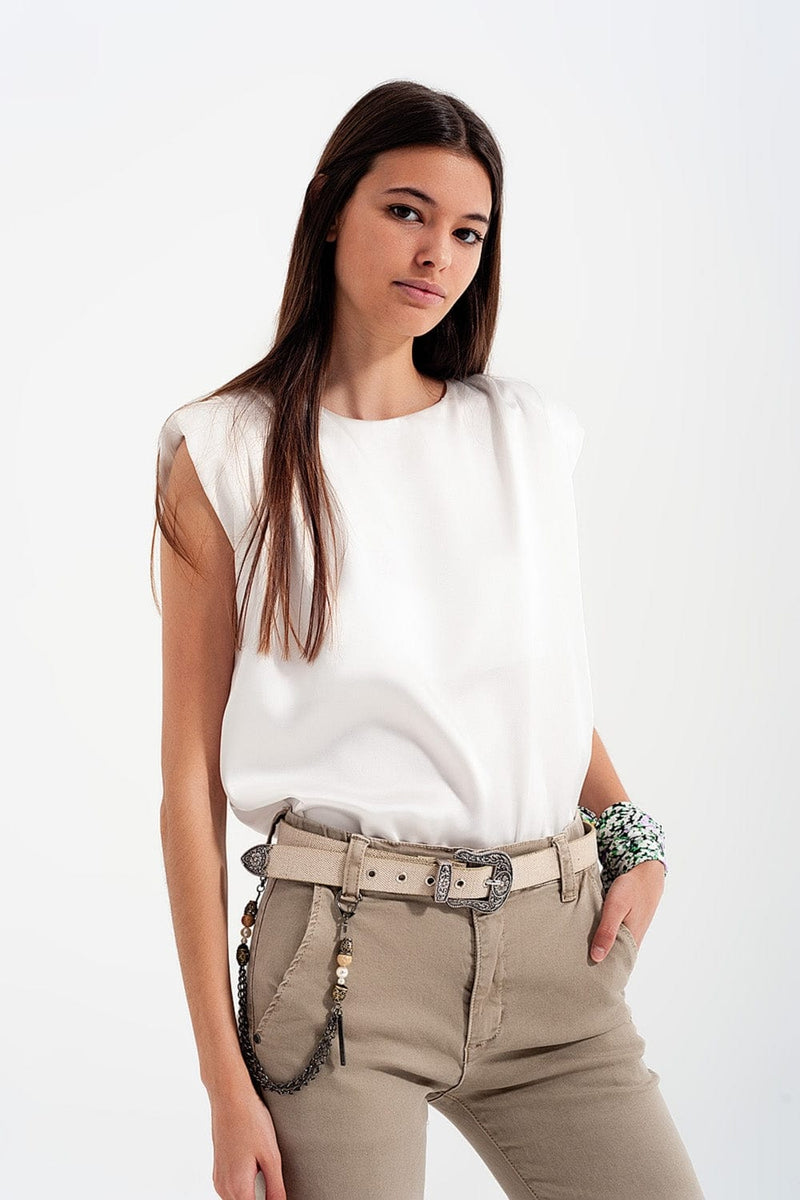 Q2 Tops Gathered satin shoulder pad sleeveless top in white