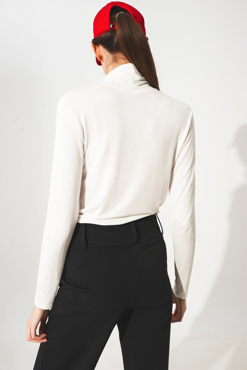 Q2 Tops High neck long sleeve top in cream modal