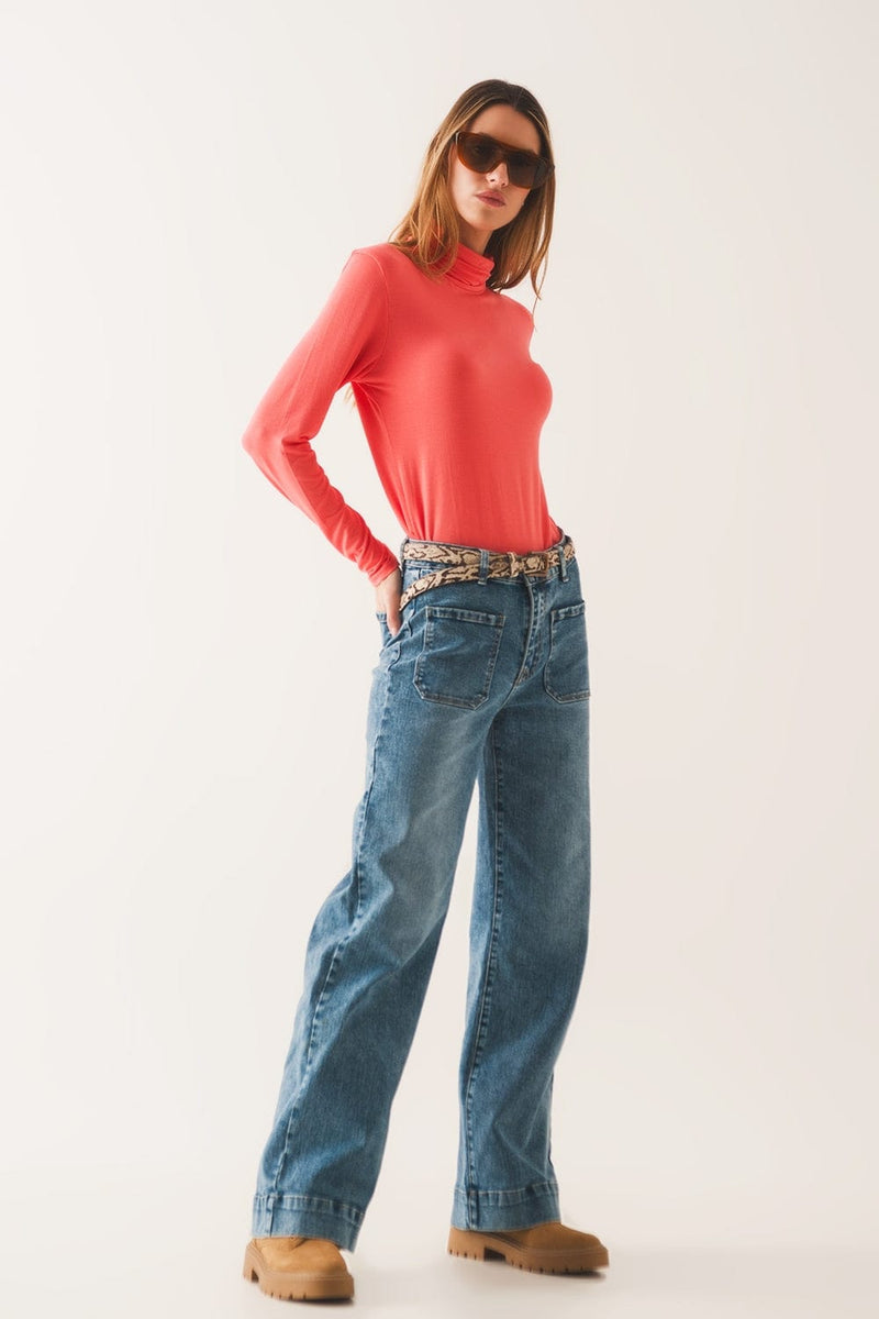 Q2 Tops High neck long sleeve top in orange modal