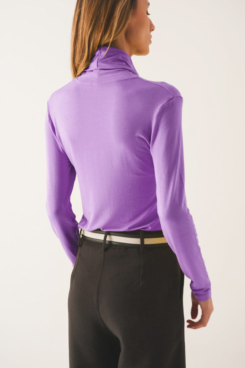 Q2 Tops High neck long sleeve top in purple modal