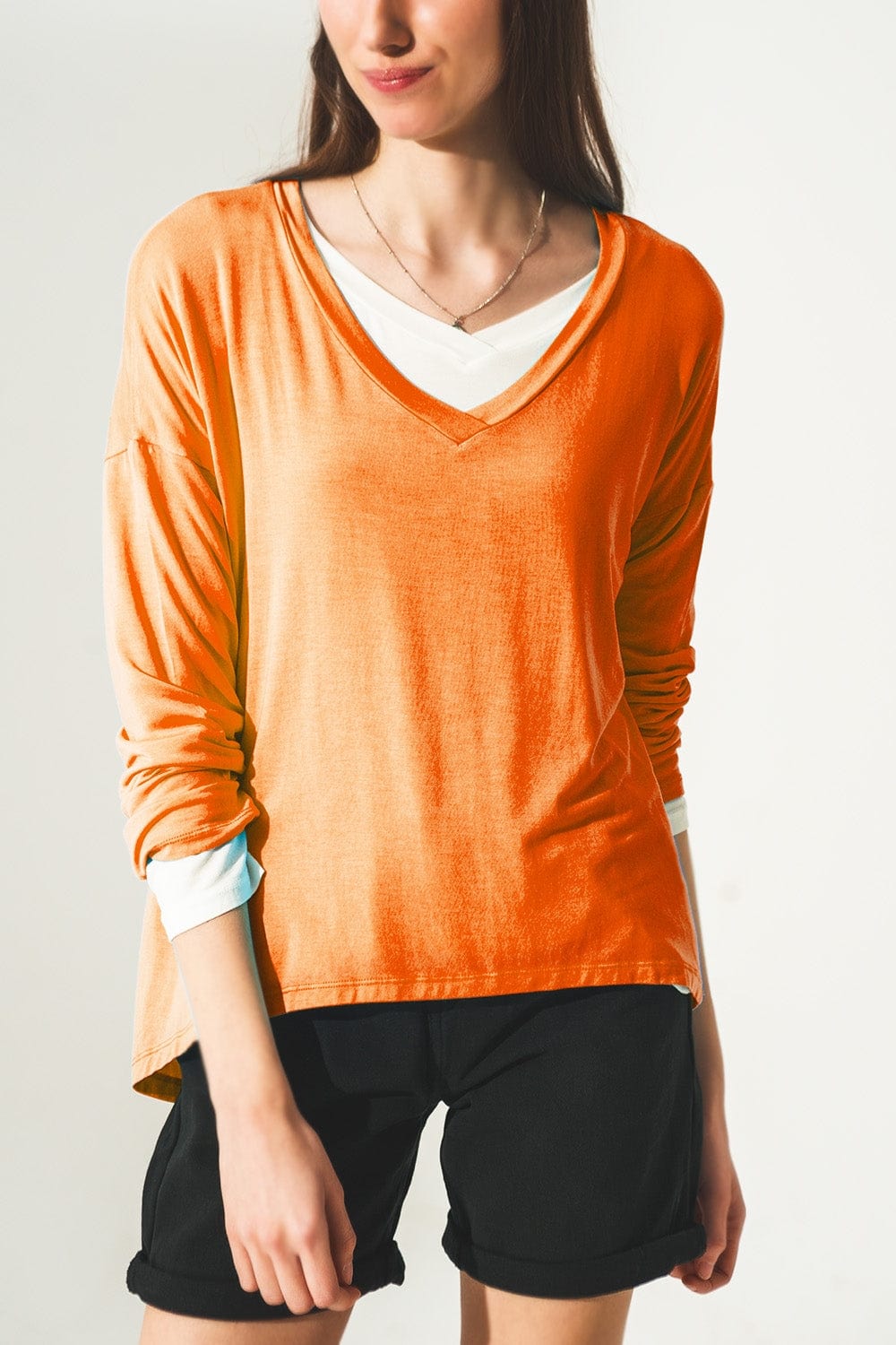 Q2 Tops Long sleeve v neck top in modal in Orange