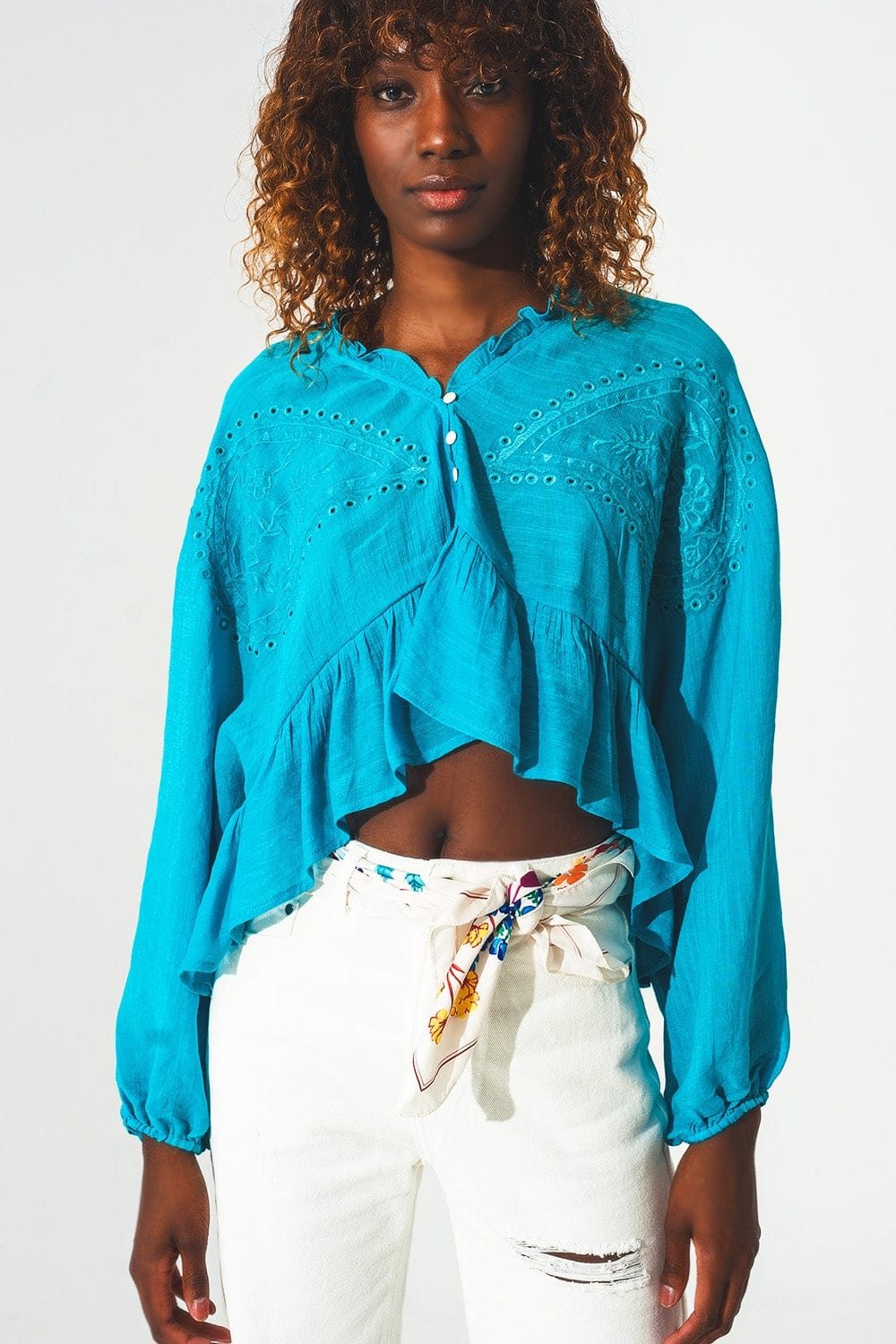 Q2 Tops One Size / Blue / China Shirred crop top with embroidery in blue