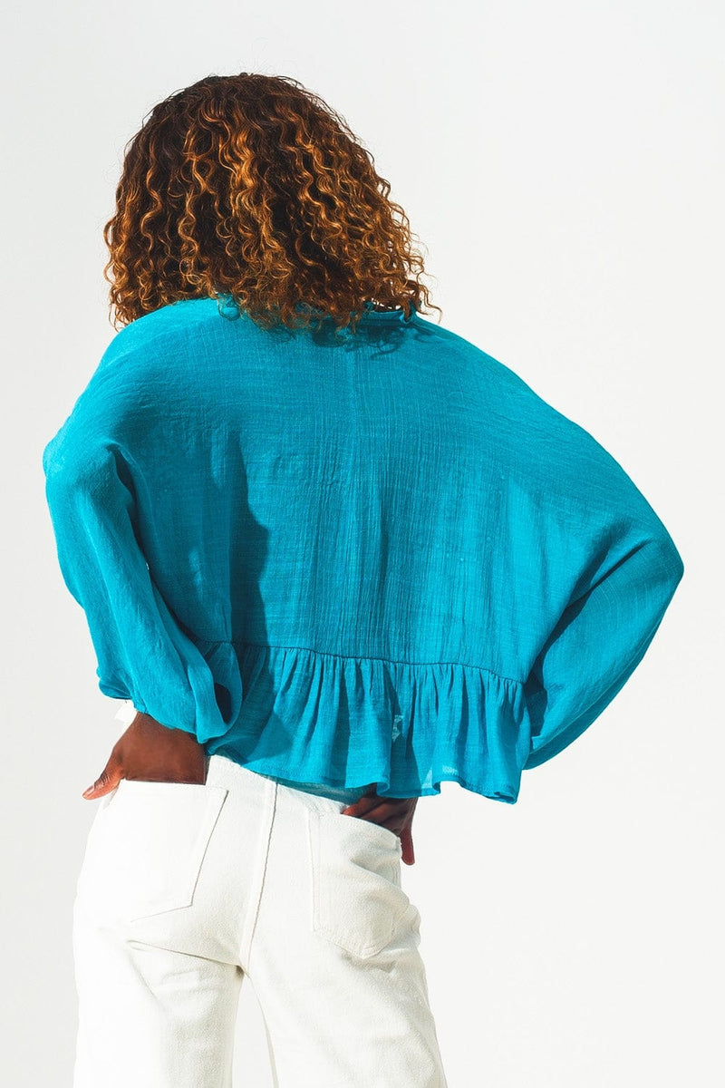 Q2 Tops One Size / Blue / China Shirred crop top with embroidery in blue