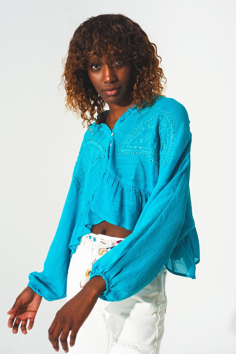 Q2 Tops One Size / Blue / China Shirred crop top with embroidery in blue