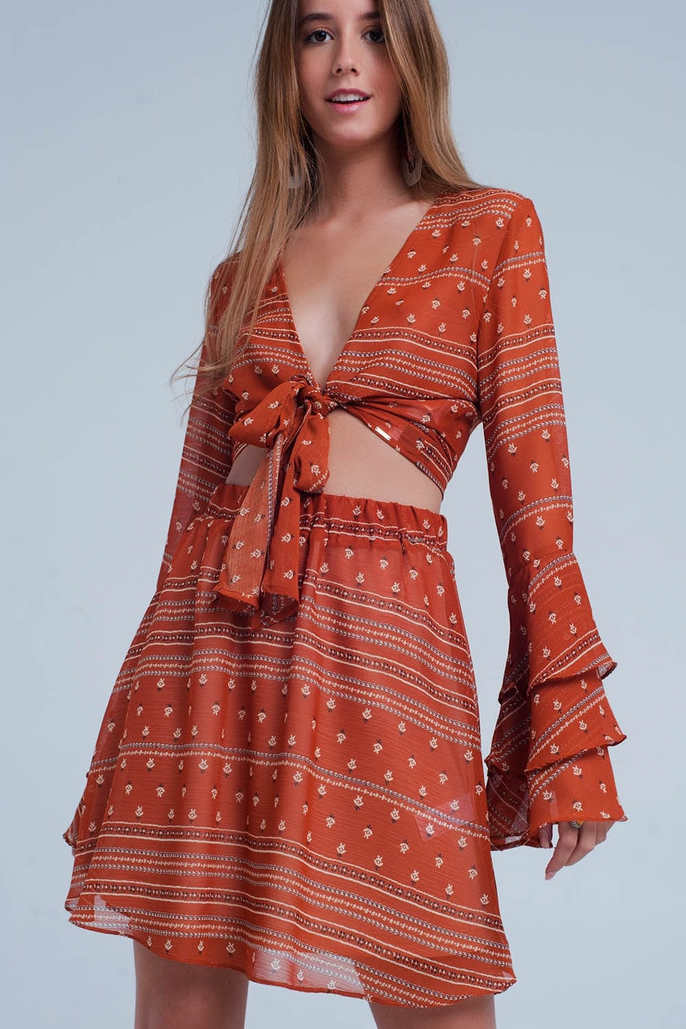 Q2 Tops Orange Tie Front Mixed Print Crop Top