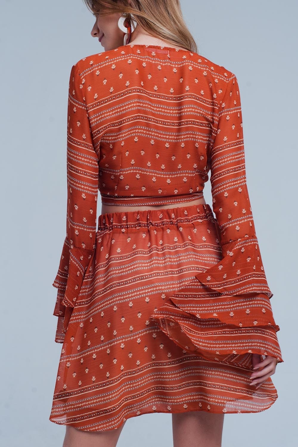 Q2 Tops Orange Tie Front Mixed Print Crop Top