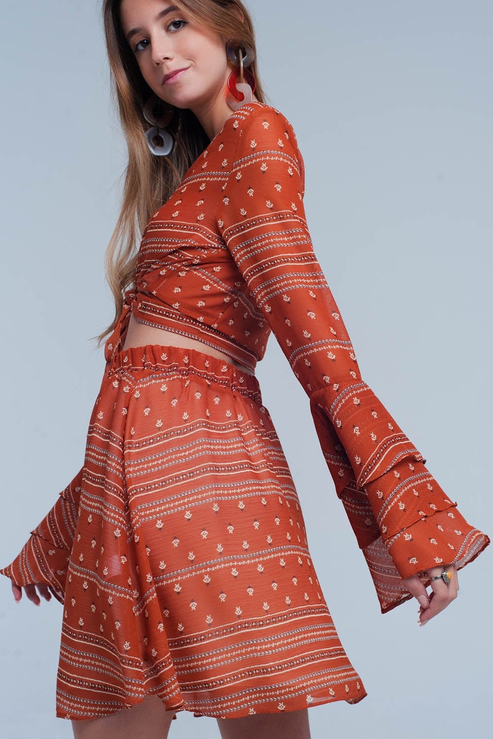Q2 Tops Orange Tie Front Mixed Print Crop Top