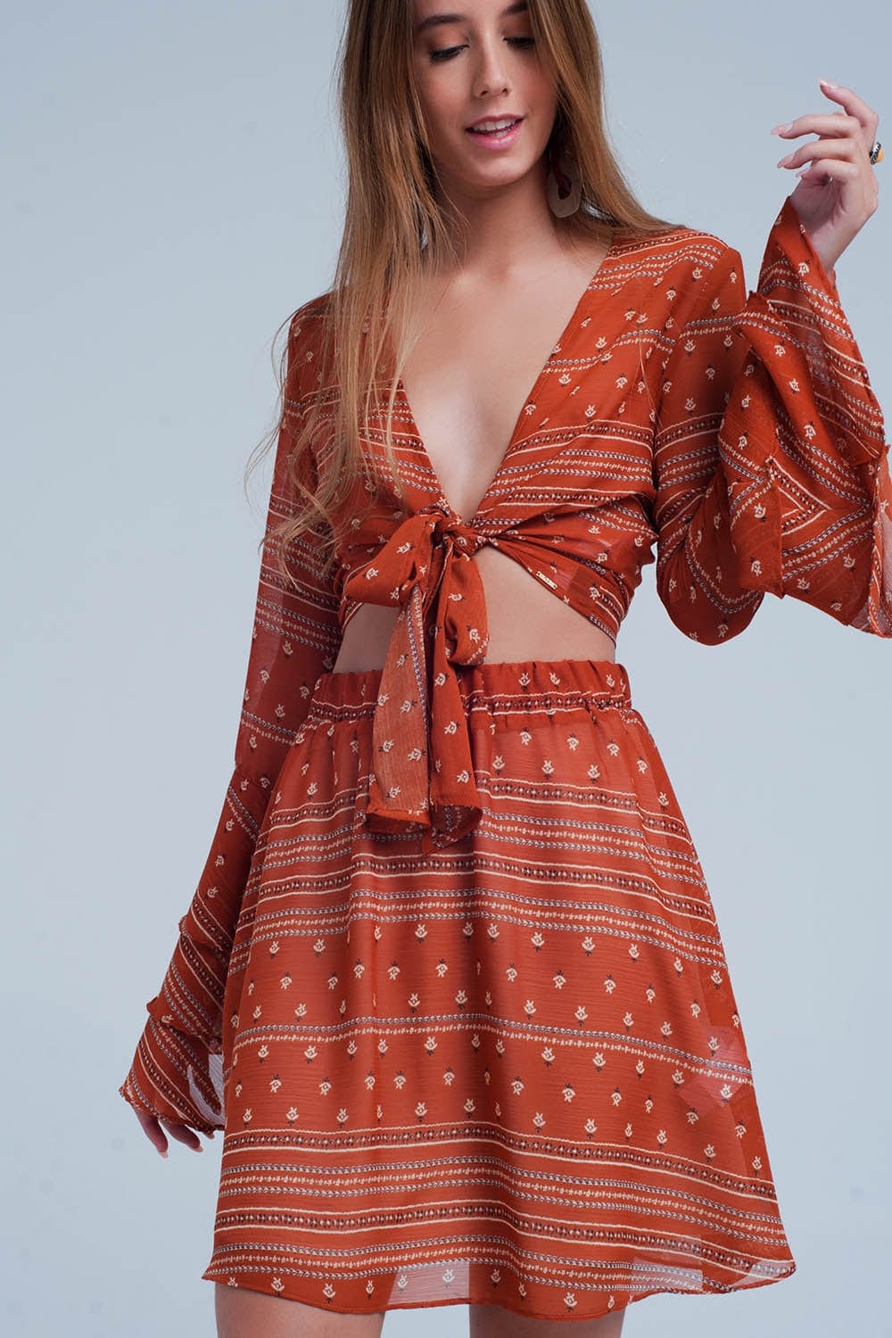 Q2 Tops Orange Tie Front Mixed Print Crop Top