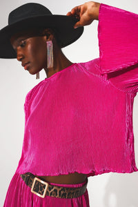 Q2 Tops Pleated round neck crop top in fuchsia